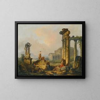 En landskap med herdar och fårskallar bland antika ruiner med statyn av Castor och Pollux och Pantheon i fjärran - Hubert Robert — inramlat konstverk på väggen
