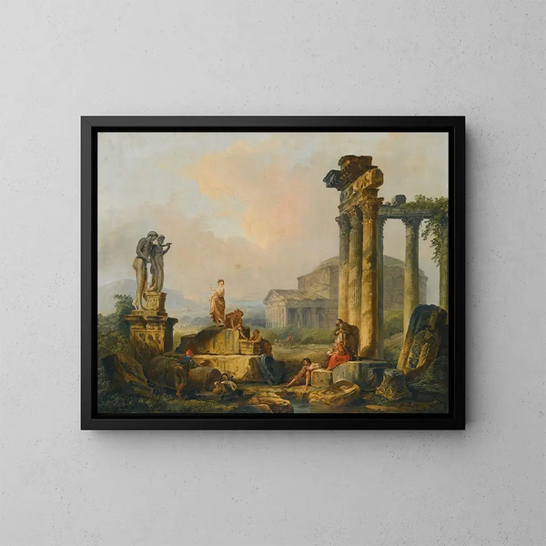 En landskap med herdar och fårskallar bland antika ruiner med statyn av Castor och Pollux och Pantheon i fjärran - Hubert Robert — inramlat konstverk på väggen