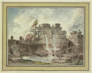 En romersk fontän med en kvinna som samlar vatten - Hubert Robert — vy av konstverket