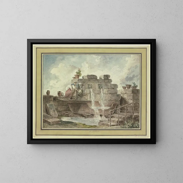 En romersk fontän med en kvinna som samlar vatten - Hubert Robert — inramlat konstverk på väggen