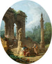 Ett infall av en klassisk båge och en kolonn med samtalande figurer framför en staty - Hubert Robert — vy av konstverket
