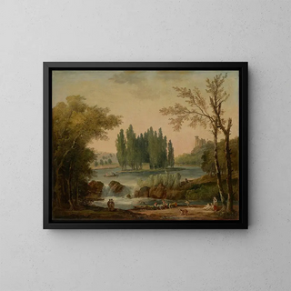 Vue du parc d'Ermenonville avec la tombe de Jean-Jacques Rousseau et le Temple de la Philosophie - Hubert Robert — inramlat konstverk på väggen
