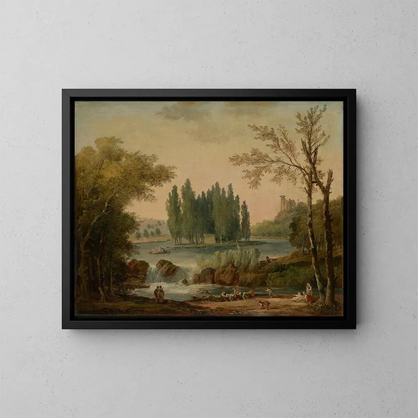 Vue du parc d'Ermenonville avec la tombe de Jean-Jacques Rousseau et le Temple de la Philosophie - Hubert Robert — inramlat konstverk på väggen