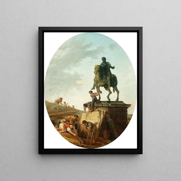 ett livfullt landskap med Marcus Aurelius staty - Hubert Robert — inramlat konstverk på väggen
