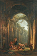 klassiska ruiner med soldater som leker - Hubert Robert — vy av konstverket