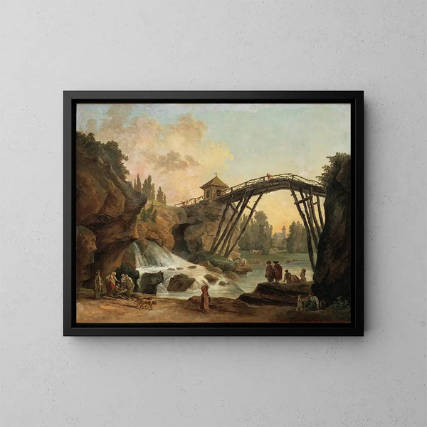 tecknare som ritar bron i trä i Mrville-parken - Hubert Robert — inramlat konstverk på väggen