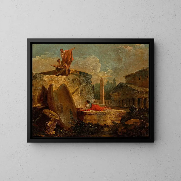 tecknare i ett landskap med antika ruiner - Hubert Robert — inramlat konstverk på väggen