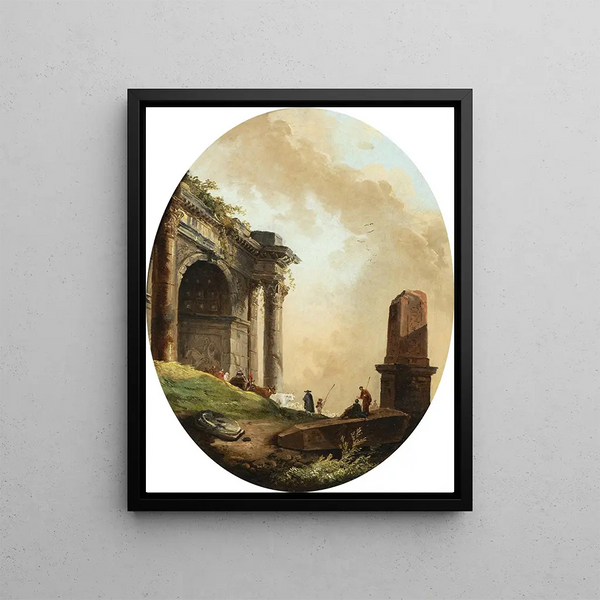 Herdar och deras boskap framför en båge och en ruinobelisk - Hubert Robert — inramlat konstverk på väggen