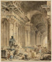galleri med valvade kolumner och sittande antik staty - Hubert Robert — vy av konstverket