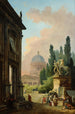 Vue imaginaire de Rome avec le dompteur de chevaux du Monte Cavallo et une église - Hubert Robert — vy av konstverket
