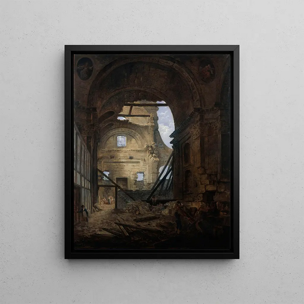 La chapelle de la Sorbonne avec la voûte de la nef effondrée - Hubert Robert — inramlat konstverk på väggen