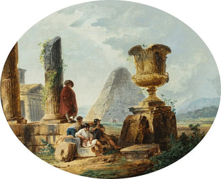 Landskap med soldater och en pyramid - Hubert Robert — vy av konstverket
