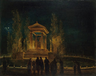 Le mausolée provisoire de Jean-Jacques Rousseau sur le bassin des Tuileries avant la translation de ses cendres au Panthéon, nuit du 10 au 11 octobre 1794 - Hubert Robert — vy av konstverket
