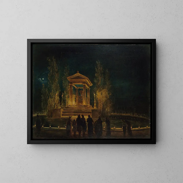 Le mausolée provisoire de Jean-Jacques Rousseau sur le bassin des Tuileries avant la translation de ses cendres au Panthéon, nuit du 10 au 11 octobre 1794 - Hubert Robert — inramlat konstverk på väggen
