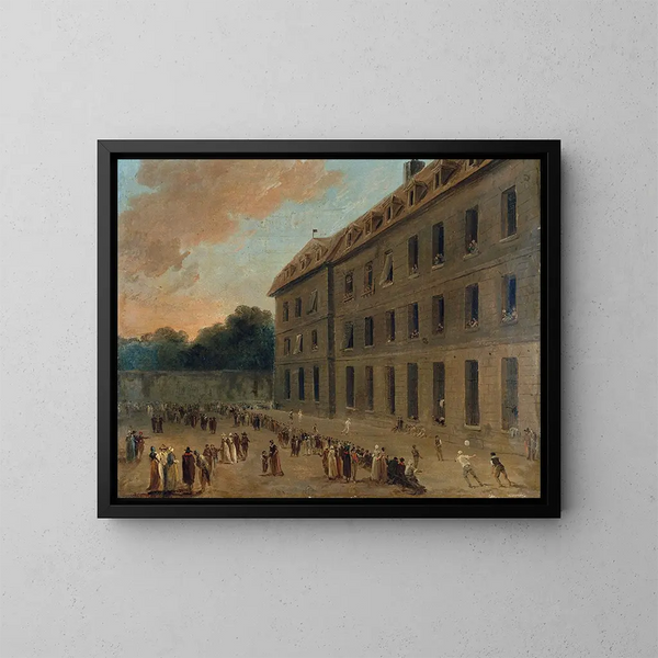 Fängelsefångarnas rekreation i Saint-Lazare, bollmatch - Hubert Robert — inramlat konstverk på väggen