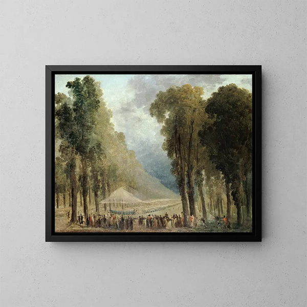 måltid serverat för trupper i en allé på Champs-Élysées eller i Saint-Cloud-parken - Hubert Robert — inramlat konstverk på väggen