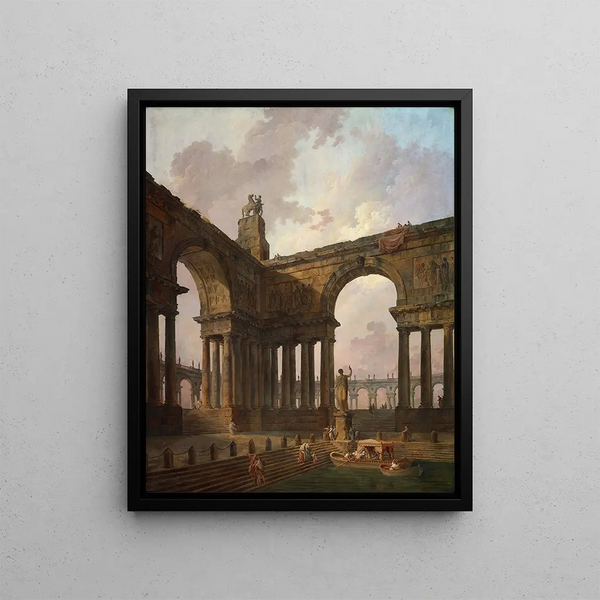 Le lieu d'atterrissage - Hubert Robert — inramlat konstverk på väggen