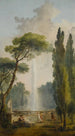 Vy av en trädgård med en stor fontän i mitten och personer som slappnar av och dansar i förgrunden - Hubert Robert — vy av konstverket