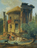 Lavandières vid en flodkant under ett cirkulärt ruintempel - Hubert Robert — vy av konstverket