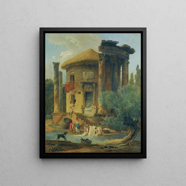 Lavandières vid en flodkant under ett cirkulärt ruintempel - Hubert Robert — inramlat konstverk på väggen