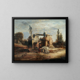 les lavandières à la fontaine - Hubert Robert — inramlat konstverk på väggen