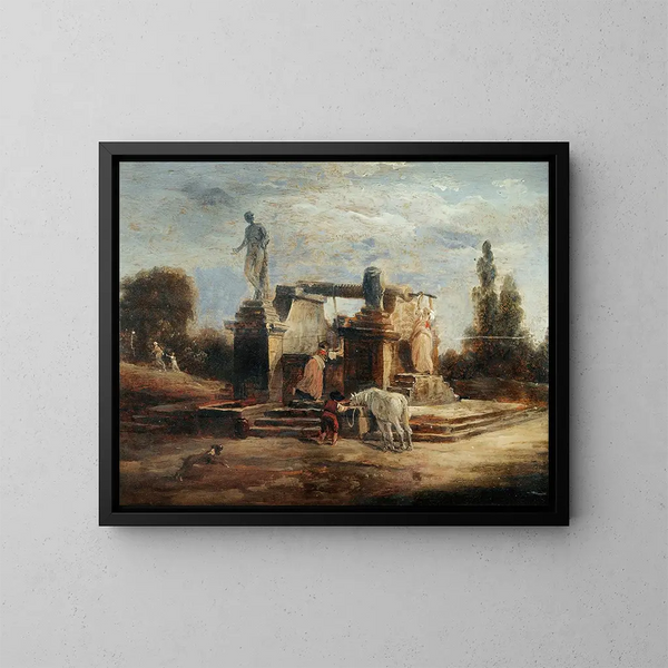 les lavandières à la fontaine - Hubert Robert — inramlat konstverk på väggen