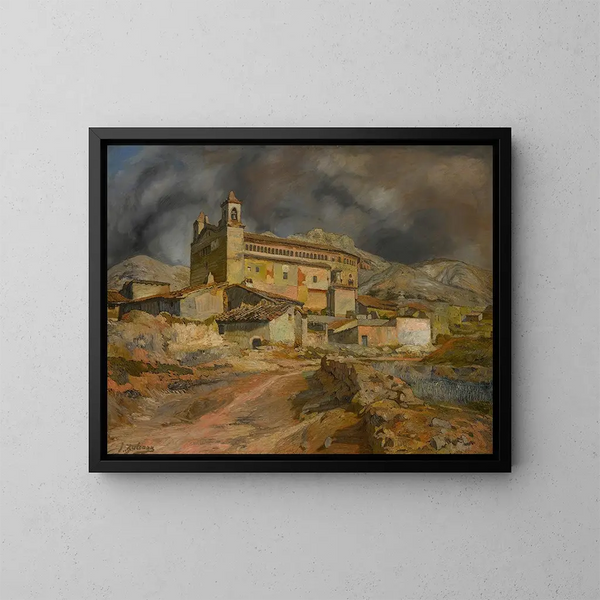 Längd: 60 cm, Höjd: 80 cm, Material: Olja på duk, Ursprung: Spanien, Konsttryck av Ignacio Zuloaga, Målning av kyrkan i Maluenda — inramlat konstverk på väggen