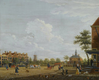 Amsterdam, vy över Weesperplein med Weesperpoort och majskvarn Het Fortuyn på Weesp-fästningen i bakgrunden - Isaac Ouwater — vy av konstverket