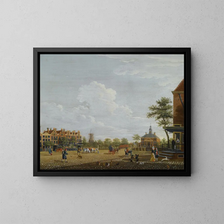Amsterdam, vy över Weesperplein med Weesperpoort och majskvarn Het Fortuyn på Weesp-fästningen i bakgrunden - Isaac Ouwater — inramlat konstverk på väggen