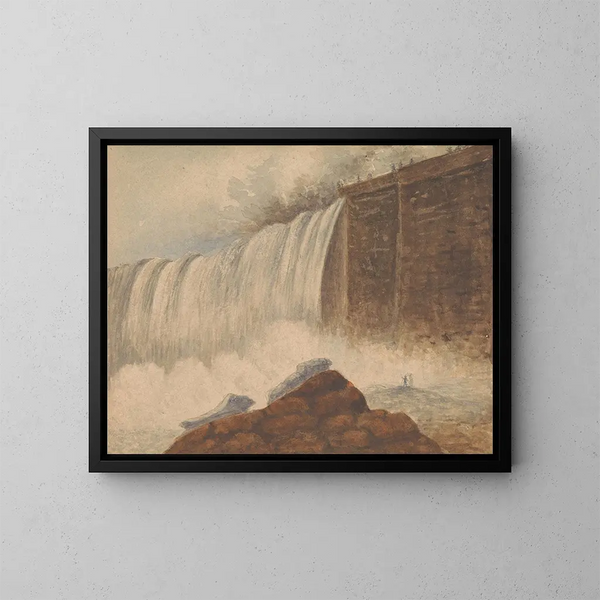 Vue des chutes du Niagara avec deux figures sur un rocher au premier plan droit - Isaac Weld — inramlat konstverk på väggen