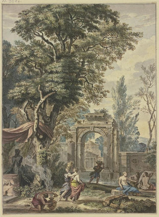 Isaac de Moucheron - Antikes Portal links eine Panstatue mit Altar Vorbereitungen zum Opfer.webp