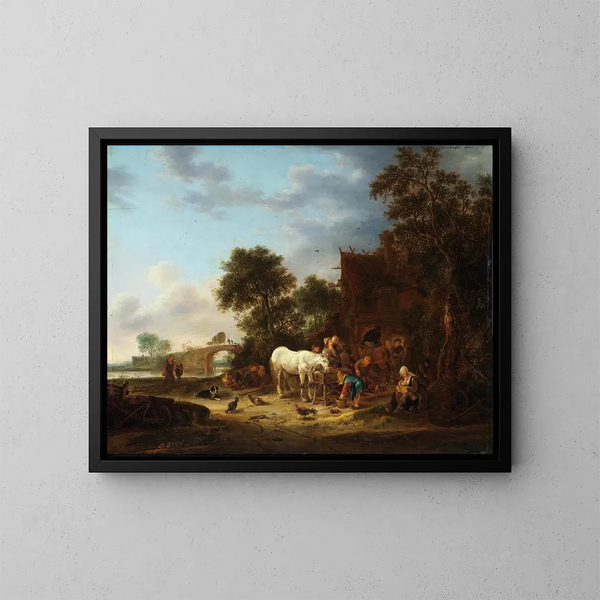 landsbygdshotell med en häst vid vattenhål - Isaac van Ostade — inramlat konstverk på väggen
