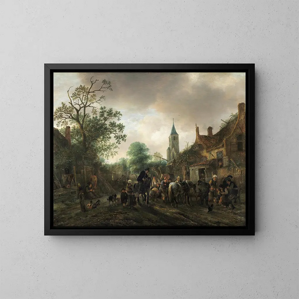 Längd: 40 cm x 50 cm, olja på duk, 17:e århundradet, Nederländerna. Konsttryck av L'Arrêt à l'auberge - Isaac van Ostade — inramlat konstverk på väggen