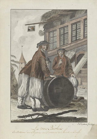 JA Zoutman - Drie mannen in Zwitserse kleding voor een huis.webp