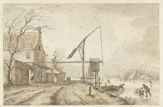 Jacob Cats - Winterlandschap met huizen en hefboom langs bevroren vaart.webp