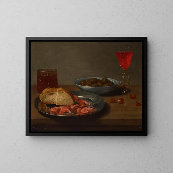 En tallrik räkor och en rulle, en skål oliver, en fasan från Venedig, ett glas öl och mandlar på ett bord - Jacob Foppens van Es — inramlat konstverk på väggen