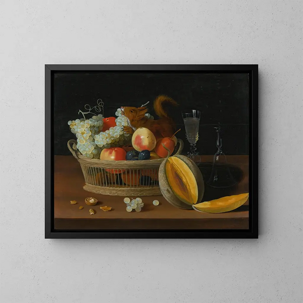 still life med en fruktkorg, glasögon och en skuren melon på ett bord - Jacob Foppens van Es — inramlat konstverk på väggen