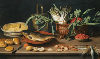 Jacob Foppens van Es - Still Life With A Fish On A Terracotta Plate Bunches Of Asparagus Artichokes And Cherries In A Scalloped Dish.webp