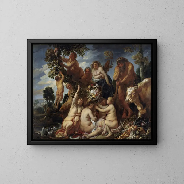 Achéloos besegrad av Herkules, ursprunget till horn av överflöd, allegori för fertilitet - Jacob Jordaens — inramlat konstverk på väggen