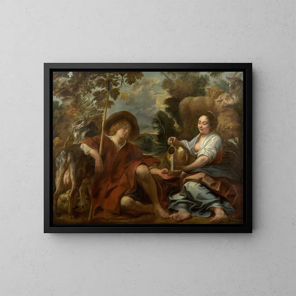 Bergère versant du lait à un berger - Jacob Jordaens — inramlat konstverk på väggen