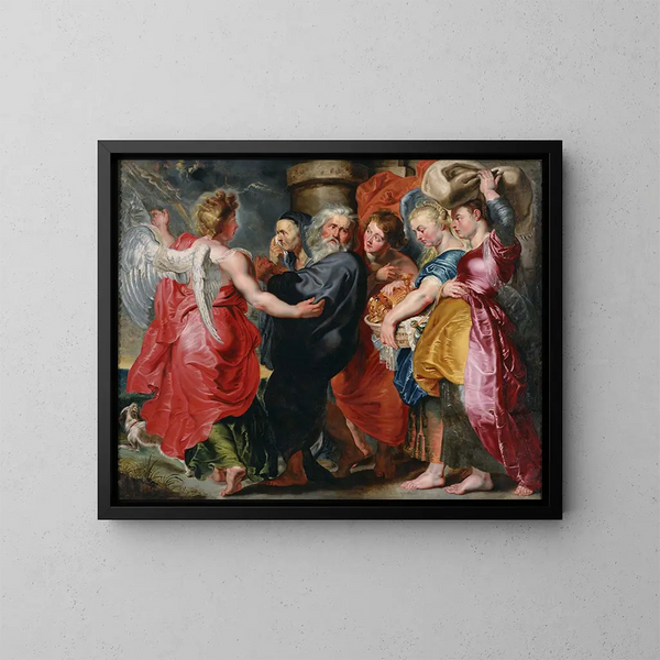 La fuite de Lot et de sa famille de Sodome - Jacob Jordaens — inramlat konstverk på väggen
