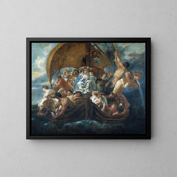 La Sainte Famille avec divers personnages et animaux dans une barque - Jacob Jordaens — inramlat konstverk på väggen