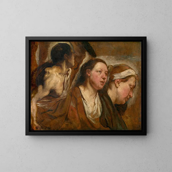 Två kvinnohuvuden och en krigares torso - Jacob Jordaens — inramlat konstverk på väggen
