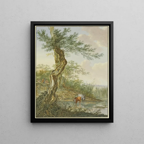 Jacob Perkois - Landschaft mit Wasser daran ein alter Weidenbaum im Wasser zwei Khe.webp