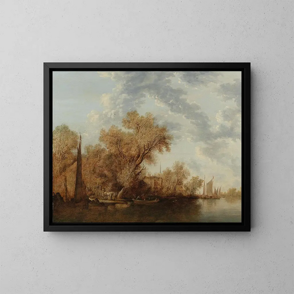 En flodlandskap med båtar - Jacob Salomonsz van Ruysdael — inramlat konstverk på väggen