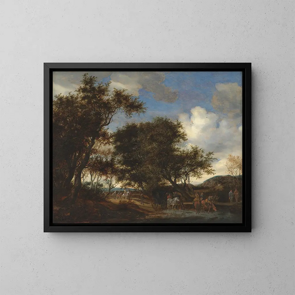 Landskapsmålning med resenärer som vattnar sina hästar - Jacob Salomonsz van Ruysdael — inramlat konstverk på väggen