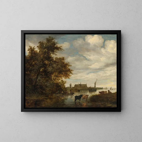 Landskapsflod med fiskare och boskap, Grote Kerk-kyrkan i Alkmaar i fjärran - Jacob Salomonsz van Ruysdael — inramlat konstverk på väggen