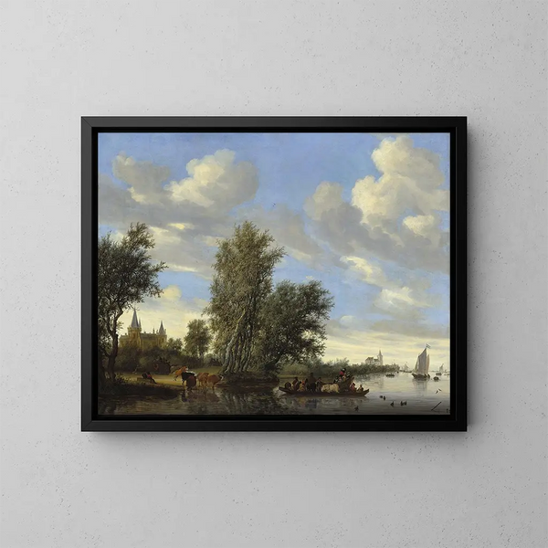 Landskapsflod med båtar - Jacob Salomonsz van Ruysdael — inramlat konstverk på väggen