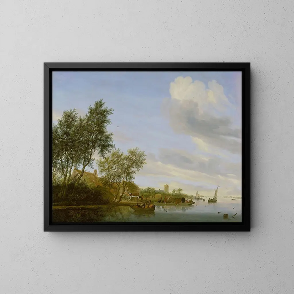 Landskapsflod med en båt - Jacob Salomonsz van Ruysdael — inramlat konstverk på väggen
