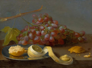 stilleben med druvor, en citron och bröd på ett bord - Jacob van Es — vy av konstverket